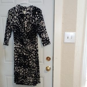 Coldwater Creek Black and Cream Abstract Wrap-Style Long Sleeve Dress